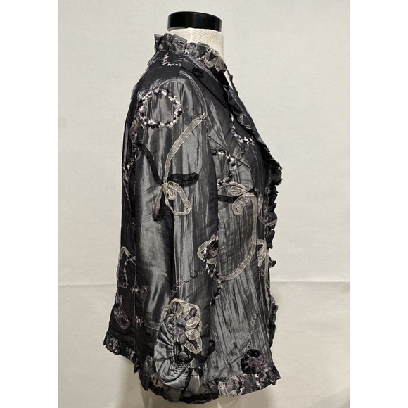 Unique Agora Crinkle Ribbon Detailed Artsy Graphite Evening Jacket Women's Large - Picture 4 of 11